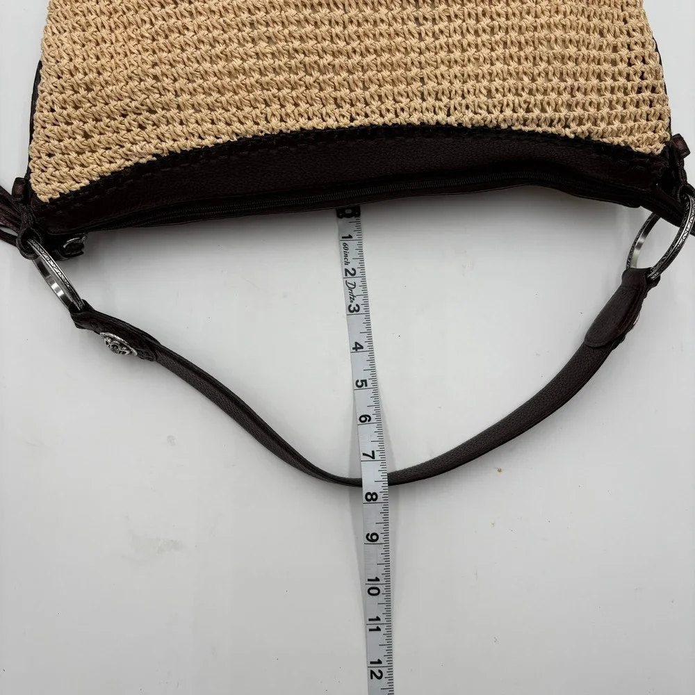 Brighton Woven Straw Leather Shoulder Bag Brown‎ Fringe Trim Boho Hobo